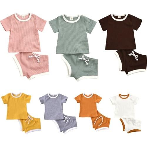 2021 Baby Summer Clothing Infant Baby Girl Boy Clothes Short Sleeve Tops T-shirt + Shorts Pants Ribbed Solid Outfits 0-3T