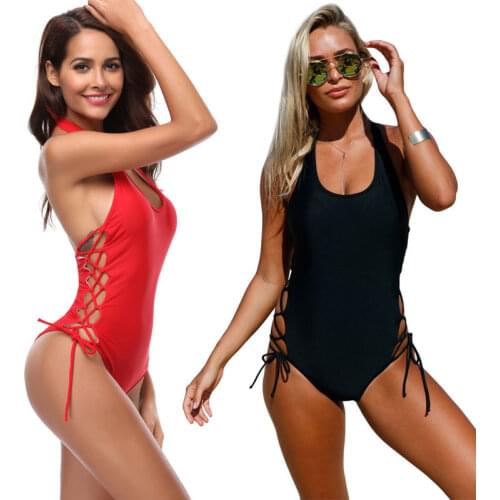 Lace Up Swimwear Tie Side Bandage Red Green Black Bodysuit One Piece Swimsuit Monokini Solid Trikini Halter Swim Bathing Suit