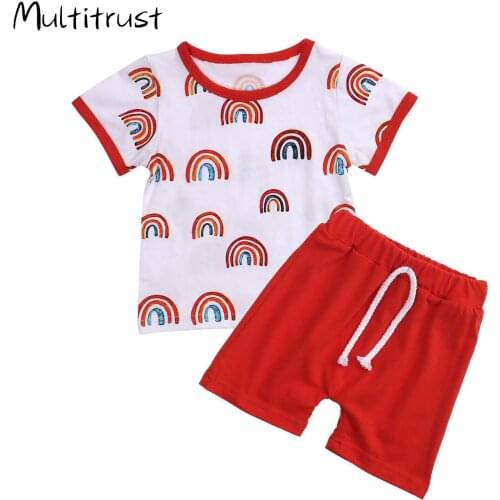 Summer Baby Boy Shirt Pants Suit Rainbow Printed O-Neck Short Sleeve Lace-up Red Shorts Set