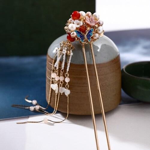 Natural Shell Flower Butterfly Hairpin Cheongsam Accessories Tassel Women Hairpins Wedding Hair Stick Freshwater Pearl Jewelry