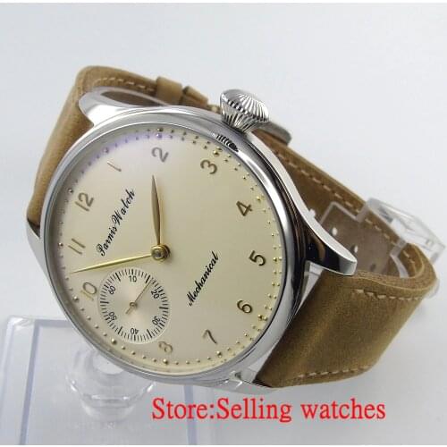 Parnis 44mm light yellow hand big Mechanical hand winding 6497 Mens Watch