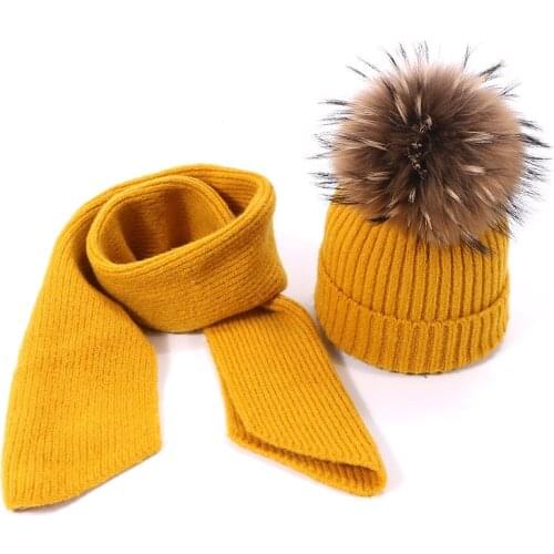 Pom Pom Hat Scarf Set Kids Winter Wool Beanies Hats With Real Fur Pompon Hat Cap Girl Warm Knitted Solid Pink White Hats Scarves