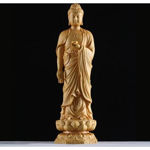 15-30CM Namo Amitabha Buddha Statue Buddha Sculpture yellow wood Hand Made Buddhism Feng shui Solid Wood Figurine Home Decor