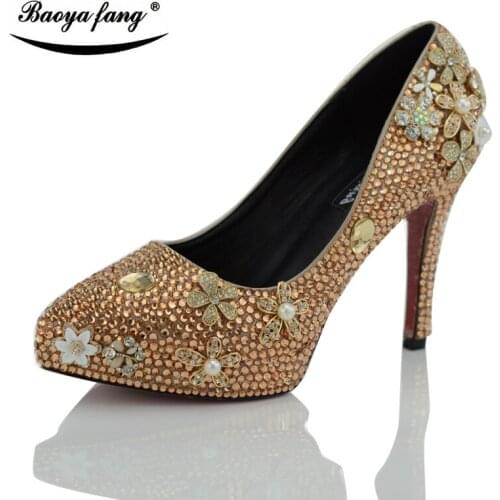 Champagne color crystal Bride Wedding shoes high pointed toe platform shoes Womens Pumps fashion shoes