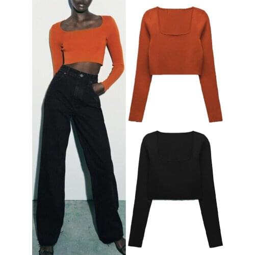 ZA knitted sweater 2021 early autumn new womens clothing simple and versatile square neck basic knitted short top