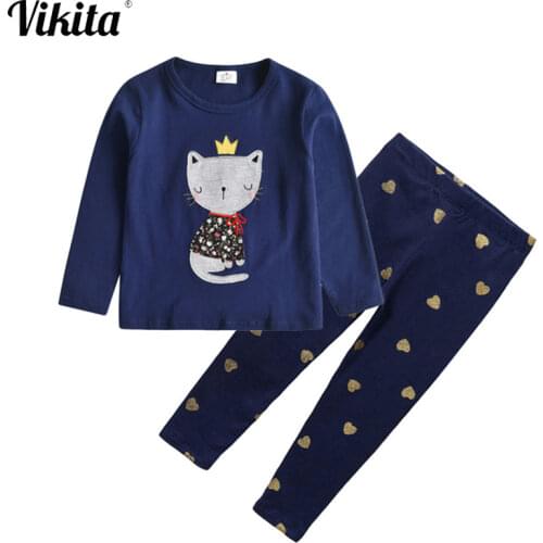 VIKITA Girls Clothes Sets Spring Autumn Children Long Sleeve T shirt O-Neck Tops and Pant Cartoon Cat Clothes Girl Clothing Sets