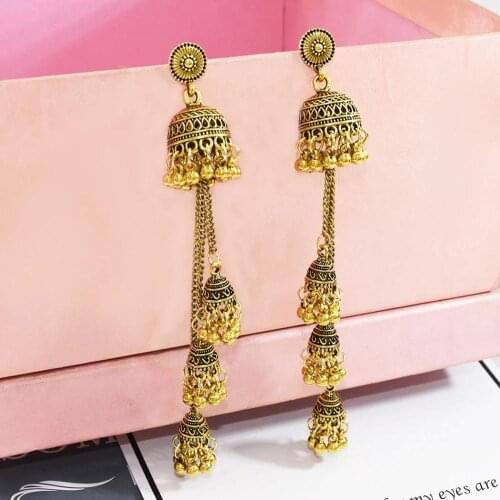 Vintage Womens India Geometric Long Chain Tassel Hanging Dangle Drop Earrings Tibetan Jewelry Bohemia Bell Jhumka Earrings
