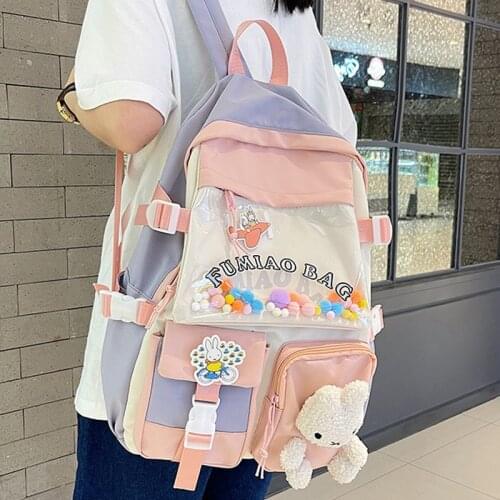 New Waterproof Nylon Women Backpack Female Multi-pocket Contrast Color Travel Bag Kawaii Bag Small Transparent Schoolbag Girls