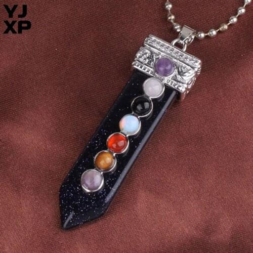 YJXP Classic Silver Plated Sword Shape Blue Sand Stone with Round Beads Chakra Pendant Vintage Jewelry