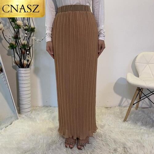 2020 Latest Fashion Plain Pencil Pleat Skirt Muslim Women Chiffon Pleated Khaki Skirt Middle East Islamic Skirt Dubai Turkey