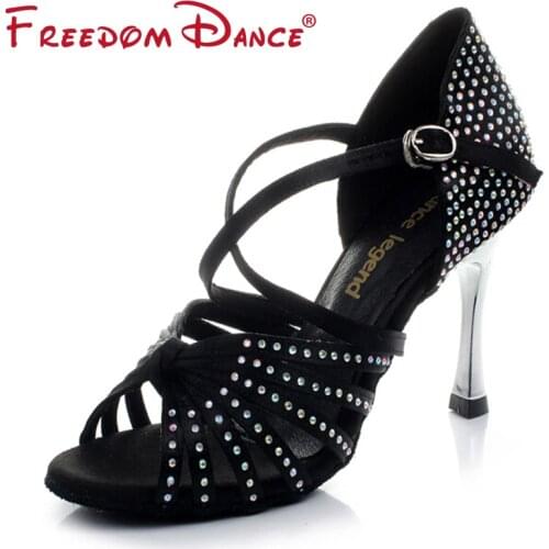 Golden High Heel Satin Rhinestones Womens Latin Dance Shoes Ballroom Shoe Sandals 8.5cm Heel Girls Dancing Shoes Salsa