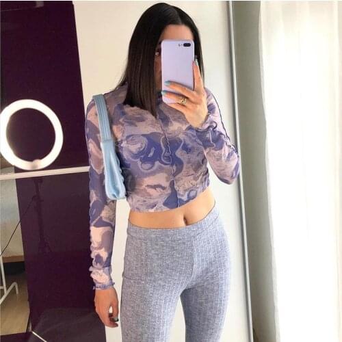 2021 New Fashin Women Sheer Mesh Printing T-Shirts Tops Sexy Long Sleeve Crew Neck Tie Dye Print Slim Fit Ruched T-Shirts Top
