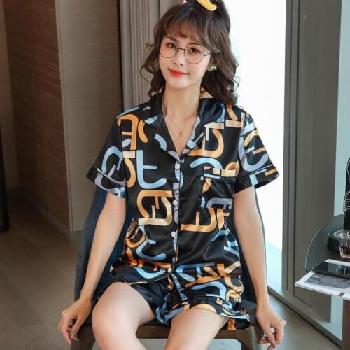 Womens Pajamas Set Fashion Sexy Silk Sleepwear Suit Home Clothes Letter Print Pijama Mujer Summer Pyjamas Femme Nightgown
