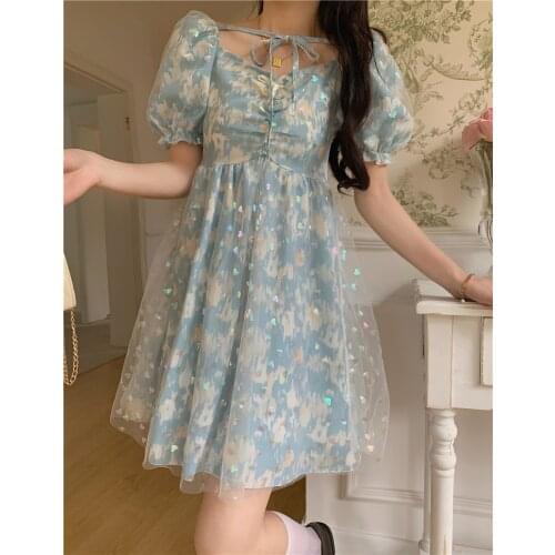 2021 Korean Chic Summer Women Mesh Fairy Dress V Neck Heart Sequined Floral Printed Dress Bandage Puff Sleeve Elegant Girl Dress