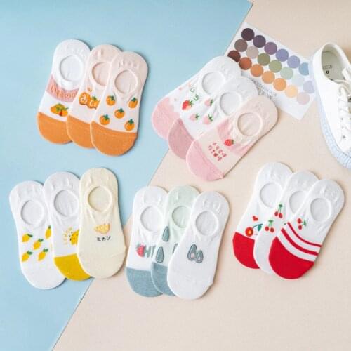 3 Pairs Lot Women Cotton Invisible Socks New Cute Fruits Printed Harajuku Cartoon Casual Socks Strawberry Cherry Lemon Soft Sock