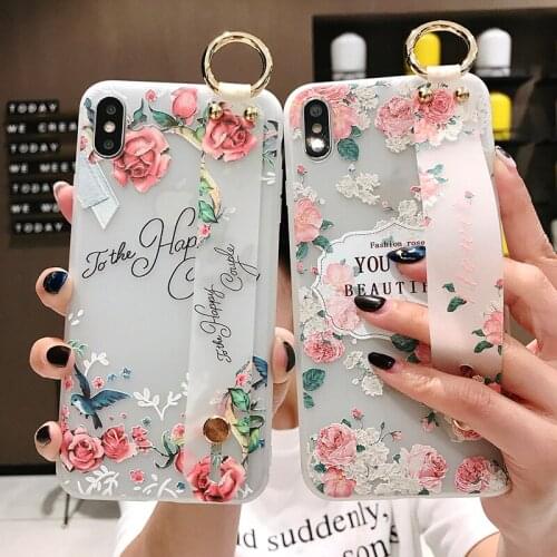 3D Relief Flower Matte Case For Samsung Galaxy S10e S9 S8 S10 S20 Plus Ultra Note 8 9 10 Plus Wrist Strap Hand Band Soft Cover