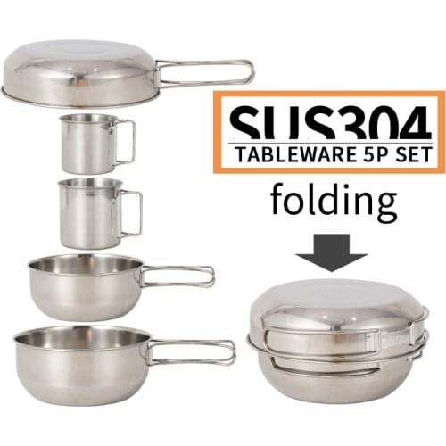 5 piece 304 Stainless Steel Folding Tableware Mugs Bowls pan Anti-Broken Outdoor Camping Hiking Travel Portable dinnerware Set