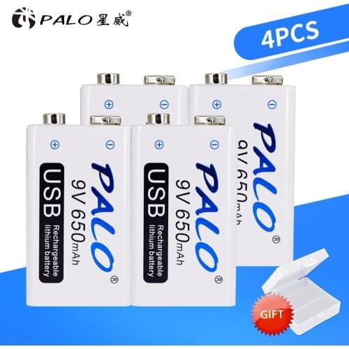 PALO 4pcs USB 9V 6F22 650mAh Rechargeable Battery 9 volt 650 mAh lithium li-ion li ion liion fast charging batteries