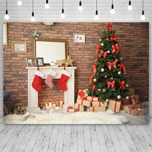 Avezano Merry Christmas Photography Backdrop Winter Tree Gift Fireplace Socks Brick Wall Background Photo Studio Photozone Decor