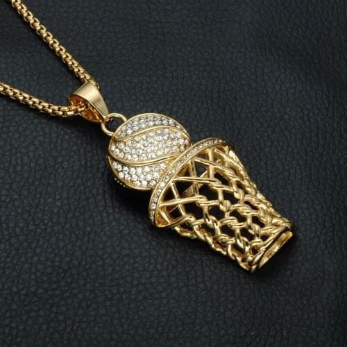 Beichong Fashion Iced Out Bling Full Rhinestone Basketball Men Pendants 2 Color Stainless Steel Sports Necklace Jewelry