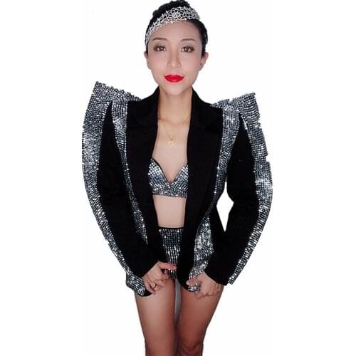 Sparkly Silver Rhinestones Bra Short Jacket Outfit Set Women Singer Dancer Wear Black Stage Wear Birthday Party Outfit Set