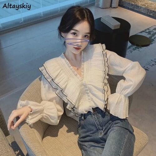Blouses Women Elegant Leisure Ruffles Lovely Female Striped Fashion V-Neck Flare Sleeve Popular Korean Style Retro Soft Simple