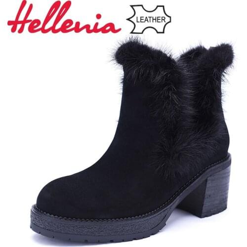 Hellebnia Leather Suede Boots Winter Shoes Women Warm Boot Fashion Ankle Fur Plush Woman shoes High Quality Ladies Footwear