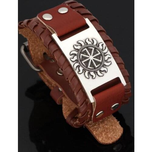 Charm Vikings Nordic Slavic Braid Leather Bracelets Men Punk Odin Kolovrat Runes Bangles Adjustable Wrap Bracelet Homme Jewelry