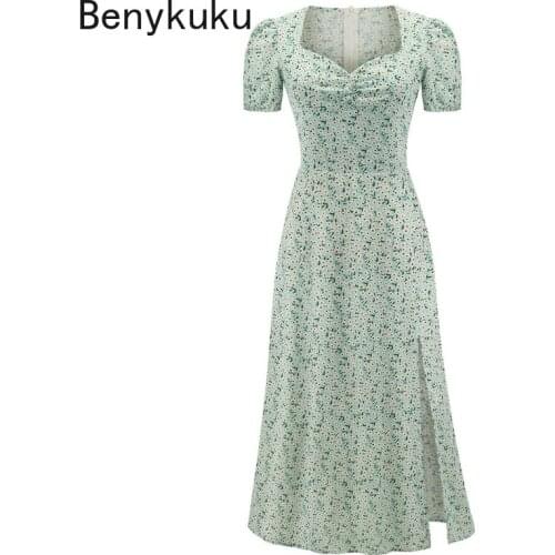 French Floral Print Summer Clothes for Women Vintage Puff Sleeve Green Split Midi Dress Party Vacation Beach Casual Dress Ladies