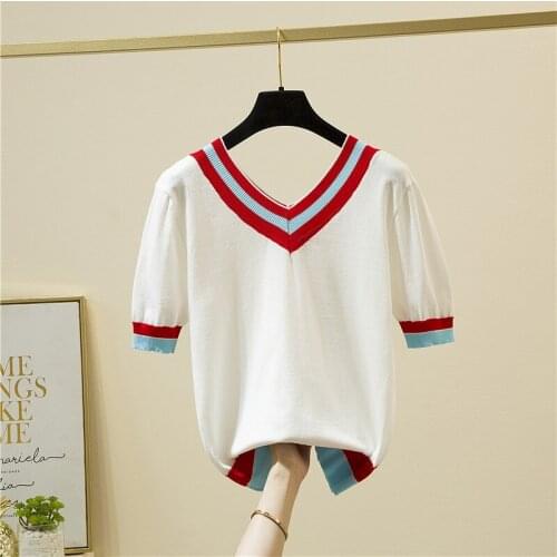 LJSXLS White V-Neck Short Sleeve Womens T-shirt Summer Casual Knitted Top Women Color Contrast Female Clothing Tee Shirt 2021