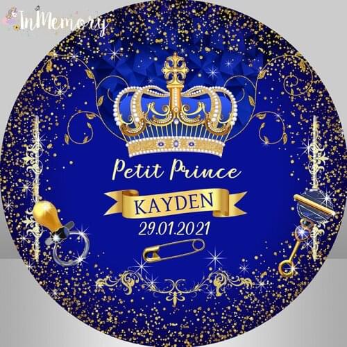 Royal Blue Prince Circle Background Gold Crown Glitter Baby Boy First Birthday Round Backdrop Party Decor Cake Table Cover