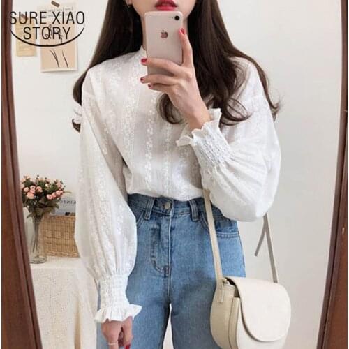 Embroidery Lace Shirt Plus Size Spring Women Long Sleeve Linen Cotton Girls Blouse Femme Casual White Tops Women Blouses 6874 50