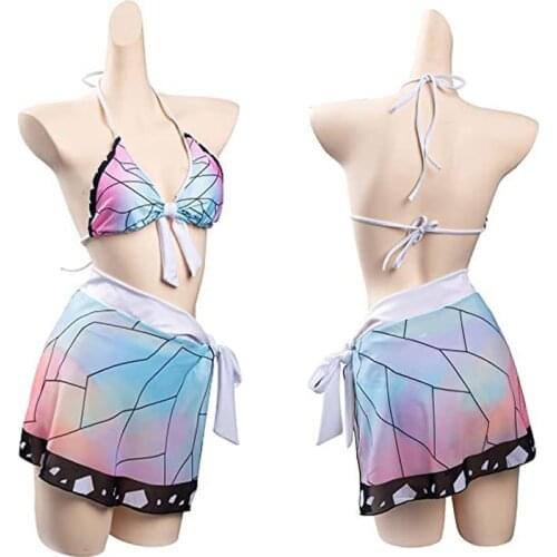 Anime Kochou Shinobu Cosplay Swimsuit Demon Slayer Kimetsu no Yaiba Swimwear Summer Lolita Butterfly Printed Bikini Bathing Suit