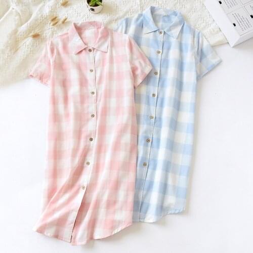 Summer Cardigan Nightdress Plaid Cotton Gauze Shortsleeve Sleepwear Women Homeclothing Loose plus size nightgown