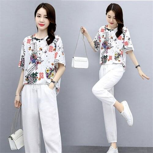 Summer Printed 2 Pieces Womens Tracksuit Set O-neck short Sleeve Top And Pant Female Suit 2021 Fashion Casual Sport Ladies Sets