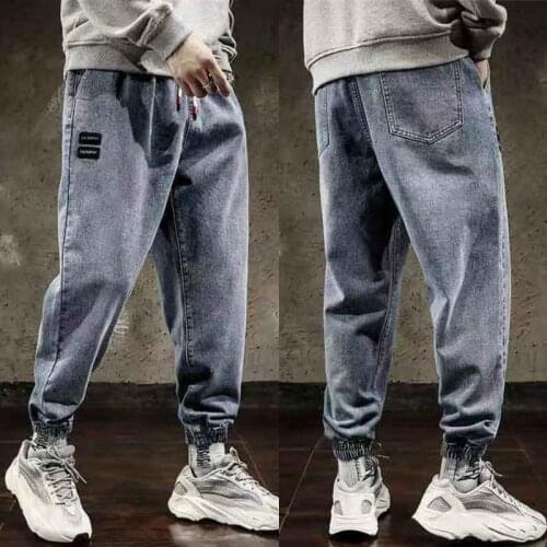 Fashion 2021 Harem Pants Men Hip Hop Style Loose Jeans Elastic Waist Jogger Sport Trousers Male Gray Washed Denim Jeans Homme
