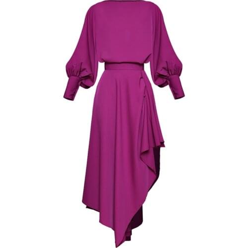 Janeyiren Fashion purple Spring Summer Suit Designer Women Lantern Sleeve Loose Tops+ Asymmetrical skirt Two-piece set