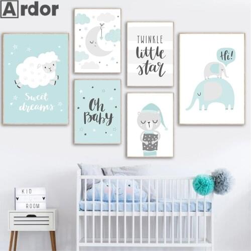 Cartoon Sheep Elephant Wall Art Canvas Print Blue Clouds Moon Poster Nursery Art Painting Nordic Wall Pictures Baby Room Decor