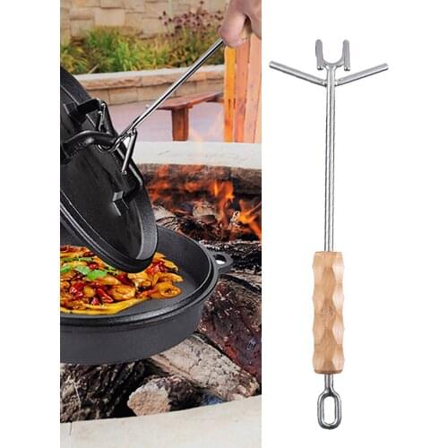 Stainless Steel Dutch Oven Lid Lifter 2 Hook Anti-rust Anti-scalding Opener Camping Kitchen BBQ Extended Wood Grip Screwdriver