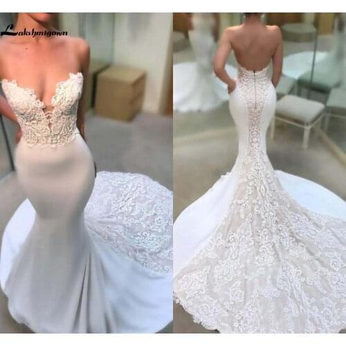 Sexy Satin Sweetheart Lace Appliques Mermaid Wedding Dresses Sleeveless Backless Fitted Court Train Long Bridal Gowns Custom Mad