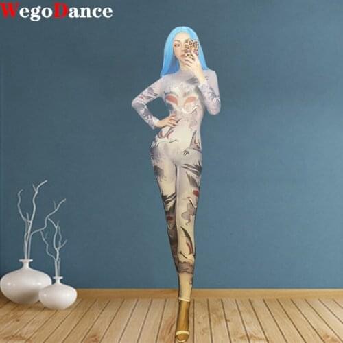 Sexy Jumpsuit Nightclub Party Bodysuit Women Naked Tattoo 3D Printing Stage Wear Dancer Singer Performance Clothing
