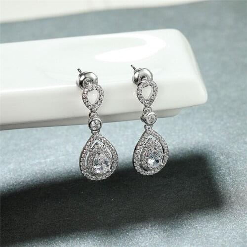 Luxury Female White Crystal Stone Earrings Charm Silver Color Dangle Earrings Charm Bridal Geometric Wedding Earrings For Women