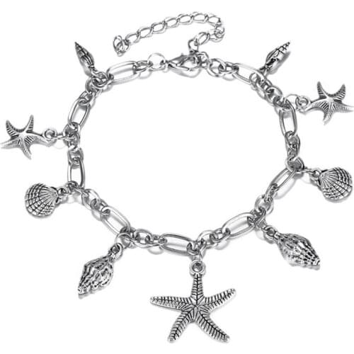 Vintage Alloy Starfish Anklets For Women Gift Conch Shell Beads Stone Anklet Leg Bracelet Handmade Bohemian enkelbandje Jewelry