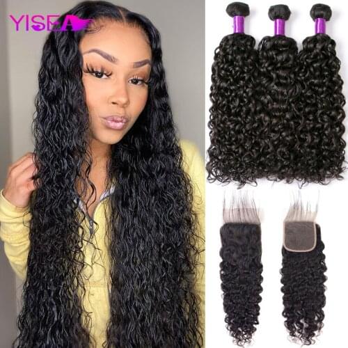 Yisea Hair Water Wave Bundles With Closure 4x4 Closure And Bundles Peruvian Hair Remy Human Hair Bundles With Closure 8-28 Inch