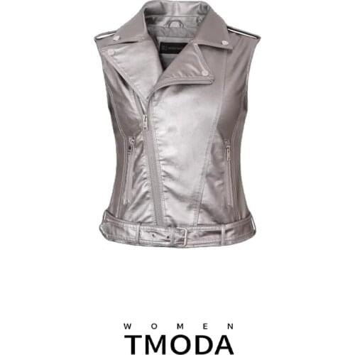 TMODA256 New Fashion Women Spring Autunm Gray Faux Leather Vest Jackets Lady Bomber Motorcycle Cool Outerwear Coat with Belt
