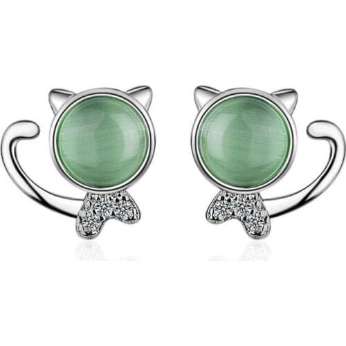 925 Sterling Silver Opal Cat Shape Stud Earrings Natural Cats Eye Natural Stone Earrings Zircon Jewelry for Women S-E494