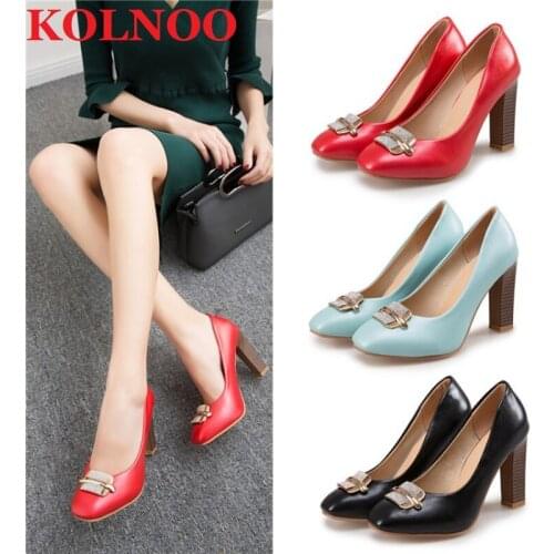Kolnoo Handmade Womens Chunky Heels Pumps Slip-On Round-Toe Metal&Rhinstones Sexy 3-Color Evening Party Prom Fashion Court Shoes