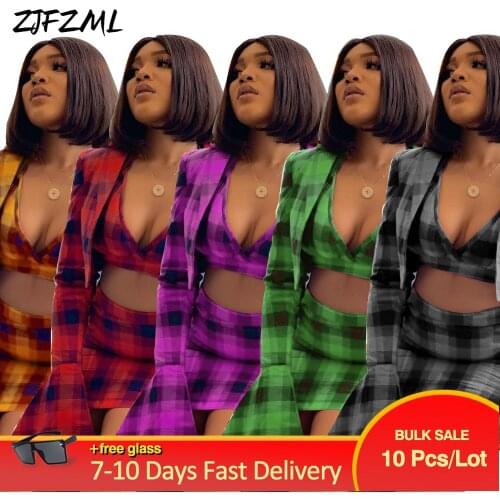 Wholesale Bulk Items Lots Womens Tracksuit 3 Piece Set Y2K Clothing Plaid Print Bra Top+mini Skirt+flare Sleeve Blazer Jacket