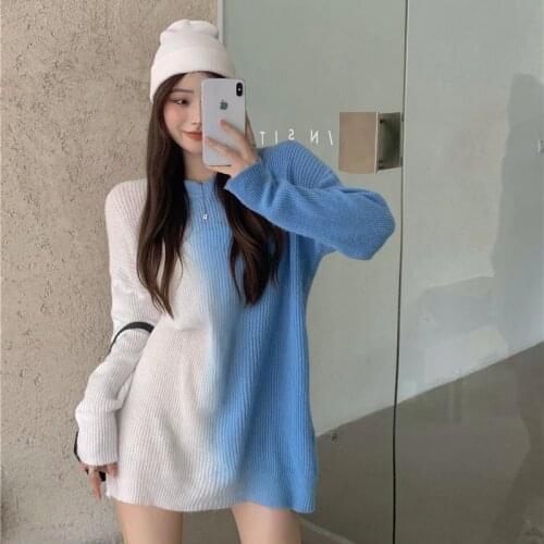 Pull Femme Fashion Retro Autumn Loose Lazy Gradient Tie-dye Pullover Sweater Top O Neck Long Sleeve Mid Length Top Casual