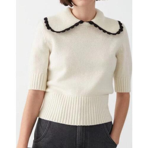 2021 Spring New Women Sweater Fashion Slim Large Wide Lapel Knitted Top White Short Sleeve Pullover Women